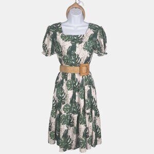 Boutique Tropical Leaf & Leopard Print Dress W Belt Puff Sleeves & Headband